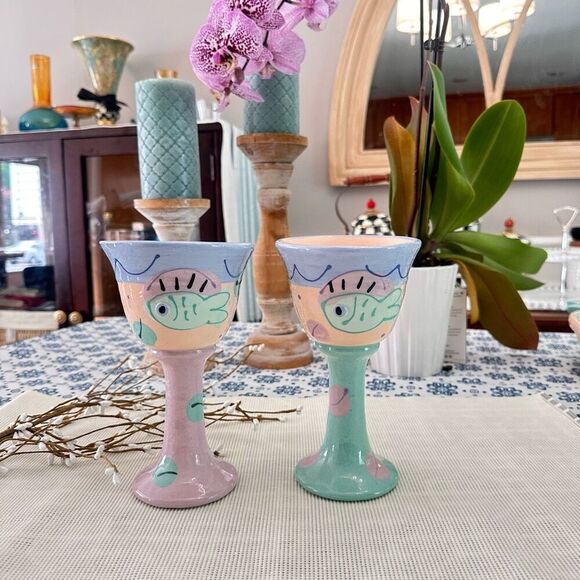 Susan Painter Pottery 2 Pc Handmade Wine Goblets‎ Signed Handpainted “Beachware” - Picture 1 of 10